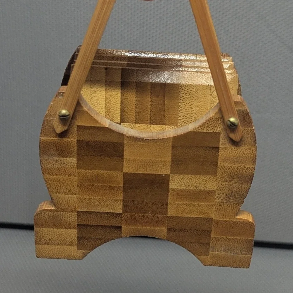 VTG Bamboo Checkerboard Coaster Set w/ Caddy Holder 5 Piece Natural Wood Parquet